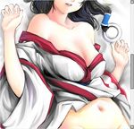  bare_shoulders black_hair bottomless breasts cleavage eruruw fake_scrollbar head_out_of_frame large_breasts lying navel open_clothes out-of-frame_censoring solo st.neet utawareru_mono 