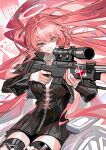  1girl absurdres aiming arknights black_dress boots cen_(acheng02806053) closed_mouth commentary cowboy_shot diffraction_spikes dress gun halo highres holding holding_gun holding_weapon lemuen_(arknights) long_hair long_sleeves pink_eyes pink_hair sitting skirt smile solo thigh_boots traditional_halo weapon wheelchair white_halo zettai_ryouiki 