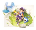  1boy backpack bag bird blurry blurry_foreground border boy_roco_(roco_kingdom:_world) brown_eyes brown_hair child chinese_commentary closed_mouth commentary_request dimo_(roco_kingdom:_world) falling_leaves fingerless_gloves gloves grass hat highres leaf male_focus meadow outdoors pointy_ears purple_gloves purple_shorts rock roco_kingdom roco_kingdom:_world shirt shoes short_hair short_sleeves shorts sitting smile wanqiang_shilaimu white_border white_shirt xuerong_bird_(roco_kingdom:_world) 