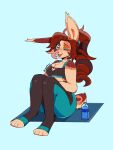 1_eye anthro black_bra black_clothing black_underwear blue_background blue_bottomwear blue_clothing blue_pants bottle bottomwear bra breasts brown_body brown_fur cleavage clothed clothing container eyebrows eyelashes feet female fur hair hi_res lagomorph leporid long_ears long_hair looking_at_viewer mammal multicolored_body multicolored_fur multicolored_tail one_eye_closed open_mouth orange_eyes pants pink_nose ponytail rabbit red_hair short_tail simple_background sitting smile solo sports_bra sportswear spots tail thick_thighs toeless_legwear toes tongue underwear warmpup water_bottle wink yoga_pants yuina