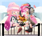  beanie black_neckerchief black_shoes commentary_request fang fangs fence food grey_jacket hat headphones inkling inkling_girl inkling_player_character jacket long_hair long_sleeves mohawk neckerchief necktie octoling octoling_boy octoling_player_character open_mouth pink_hair sharing_food shoes shrimp shrimp_tempura splatoon_(series) splatoon_2 striped_clothes striped_necktie tempura tentacle_hair white_shoes yellow_eyes yoshishi_(yosisitoho) 