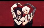  2girls :d ;d absurdres ahoge black_hair blush commentary dana_zane english_commentary heart_arms heart_arms_duo highres jill_stingray letterboxed long_hair mechanical_arms multiple_girls necktie one_eye_closed open_mouth red_eyes red_necktie rnna shirt short_sleeves single_mechanical_arm smile twintails upper_body va-11_hall-a white_shirt 