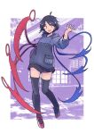  1girl asymmetrical_wings black_dress black_hair black_thighhighs blue_wings commentary_request dress full_body hood hoodie houjuu_nue long_sleeves looking_at_viewer open_mouth purple_background purple_hoodie rangycrow red_eyes red_shoes red_wings shoes short_hair smile solo thighhighs touhou wings |_| 