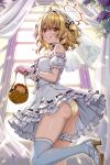  1girl :q ahoge alternate_costume ass bag blonde_hair blue_thighhighs blush breasts bridal_veil closed_mouth curtains day dress flower foot_out_of_frame frilled_dress frilled_sleeves frilled_thigh_strap frills halo handbag highres hinata_mashu holding holding_bag indoors large_variant_set looking_at_viewer looking_to_the_side medium_breasts miso_panda nanashi_inc. off-shoulder_dress off_shoulder orange_eyes orange_halo panties purple_flower ribbon-trimmed_dress ribbon_trim shoes short_hair short_sleeves smile solo standing standing_on_one_leg thigh_strap thighhighs tongue tongue_out two_side_up underwear variant_set veil virtual_youtuber wedding_dress white_dress white_shoes window wrist_cuffs yellow_panties 