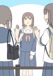  3girls :d azusa_(juukyuu) bag blue_background blue_sailor_collar blue_serafuku blue_shirt blue_skirt blush brown_hair chihiro_(juukyuu) commentary_request hair_between_eyes juukyuu long_hair long_sleeves low_twintails multiple_girls mutsumi_(juukyuu) neckerchief one_side_up original parted_lips pink_neckerchief pleated_skirt sailor_collar school_bag school_uniform serafuku shirt short_sleeves skirt small_sweatdrop smile sweat twintails two-tone_background v-shaped_eyebrows white_background white_sailor_collar white_shirt 