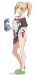  1girl artoria_pendragon_(fate) bikini bikini_under_clothes black_shirt blonde_hair breasts commentary_request drink_carton fate/apocrypha fate_(series) green_eyes highres holding holding_drink_carton holding_milk_carton medium_hair milk_carton mordred_(fate) ponytail saber_(fate) shirt short_hair simple_background slippers small_breasts smile solo swimsuit thighs tonee white_background white_bikini 