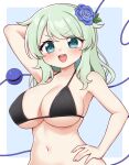  1girl :d absurdres alternate_costume arm_behind_head bikini black_bikini blue_background blue_flower blue_rose breasts commentary_request commission disembodied_linked_eye flower green_eyes grey_hair hair_flower hair_ornament hand_on_own_hip highres komeiji_koishi large_breasts long_hair navel open_mouth rose second-party_source skeb_commission smile solo suwa_yasai swimsuit touhou upper_body v-shaped_eyebrows 