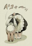  1girl absurdres animal_ears animal_feet animal_hands apron back_bow black_dress bow bowing brown_hair bun_cover collared_dress commentary_request dress frilled_apron frills grey_background highres long_sleeves maid maid_apron maid_headdress motion_lines ojigi_(bowing) original rabbit_ears rabbit_girl rabbit_tail sakutake_(ue3sayu) short_hair simple_background standing tail white_apron white_bow 