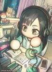  1girl aihara_yuina aqua_hoodie artist_request black_hair book bookshelf brown_eyes cellphone chair character_doll charging_device commentary_request copyright_notice curtains desk_lamp doll eraser from_above hand_on_own_cheek hand_on_own_face headphones highres holding holding_pencil hood hoodie indoors jikkyou_powerful_pro_yakyuu jikkyou_powerful_pro_yakyuu_(style) jikkyou_powerful_soccer lamp long_hair mechanical_pencil night no_mouth notebook official_art on_chair open_book pencil phone power_soccer_kun sitting smartphone solo stuffed_animal stuffed_cat stuffed_dog stuffed_toy window 