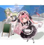  4girls ade_(nikke) apron black_bow black_bowtie black_dress blonde_hair blue_sky bow bowtie breasts chest_strap closed_eyes closed_mouth cocoa_(nikke) commentary_request dress foreshortening frilled_apron frills goddess_of_victory:_nikke green_hair hair_ribbon heart_pasties highres holding_flyer large_breasts letterboxed light_blush light_smile long_hair maid maid_apron maid_for_you_(nikke) maid_headdress multiple_girls nnn_chisi open_mouth orange_eyes outside_border pasties pink_hair puffy_sleeves ribbon sitting sky smile soda_(nikke) standing thighhighs twintails unconventional_maid unfinished velvet_(nikke) white_apron white_thighhighs 
