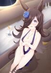  1girl absurdres animal_ears artist_name bar_counter blue_flower blue_rose blue_shoes blue_slingshot_swimsuit blurry blush breasts brown_hair carrot chair clothing_aside cocktail_glass collarbone commentary commission cup depth_of_field drinking_glass flipped_hair flower from_above gold_pendant hair_over_one_eye hanging_light highres horse_ears horse_girl horse_tail indoors kacamata_kunink long_hair looking_at_viewer medium_breasts mixed-language_commentary navel nipple_slip nipples open_mouth purple_eyes rice_shower_(umamusume) rose see-through_clothes see-through_slingshot_swimsuit shoes sitting slingshot_swimsuit solo swimsuit tail umamusume watermark wooden_floor 