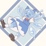  >_< 1girl :d black_shoes blue_background blue_bow blue_dress bow bowtie cirno closed_eyes collared_shirt commentary_request diamond_(shape) dress floating hair_bow hakugomaabura_(kourin1219) happy highres liquid liquid_hair liquid_wings loafers medium_hair open_mouth outstretched_arms pinafore_dress puffy_short_sleeves puffy_sleeves red_bow red_bowtie shirt shoes short_sleeves simple_background sleeveless sleeveless_dress smile socks solo spread_arms touhou v-shaped_eyebrows water white_shirt white_socks wings 