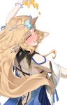  1girl arm_up blonde_hair blush cartethyia_(wuthering_waves) closed_eyes commentary cup dokari drinking_glass drooling drunk earrings facing_to_the_side fake_horns from_behind hair_intakes holding holding_cup horns ice_cream_cone ice_cream_on_head jewelry long_hair mouth_drool multiple_earrings nose_blush open_mouth pointy_ears sidelocks simple_background smile solo spilling turning_head upper_body white_background wuthering_waves 