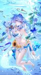  1girl absurdres ai_dongdong barefoot bikini blue_hair breasts chinese_commentary cleavage commentary_request feet fish flower flower_ornament green_eyes hair_ornament halo head_wings highres holding holding_microphone honkai:_star_rail honkai_(series) jewelry long_hair medium_breasts microphone navel necklace official_alternate_costume robin_(honkai:_star_rail) robin_(summeretto)_(honkai:_star_rail) sarong smile solo starfish_hair_ornament stomach sunflower swimsuit thighs toes underwater very_long_hair white_bikini white_sarong white_wings wings 