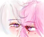  2girls blush close-up commentary english_commentary evanescia_(honkai:_star_rail) facial_mark hair_between_eyes heart heart_facial_mark highres honkai:_star_rail honkai_(series) looking_at_another multicolored_eyes multiple_girls pink_hair purple_eyes red_pupils sleepybelleza sparkle sparkle_facial_mark white_hair yao_guang_(honkai:_star_rail) yellow_pupils yuri 