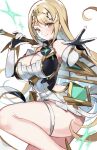  1girl blonde_hair breasts cleavage cleavage_cutout closed_mouth clothing_cutout commentary core_crystal_(xenoblade) dress earrings floating_earrings gem highres jewelry large_breasts long_hair looking_at_viewer mythra_(xenoblade) smile solo swept_bangs tiara white_background xenoblade_chronicles_(series) xenoblade_chronicles_2 yagi_(kyuhyun) yellow_eyes 