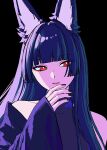  1980s_(style) 1girl animal_ear_fluff animal_ears black_background black_hair black_nails blunt_bangs commentary_request fox_ears fox_girl gts_mmnn highres hoshimi_miyabi long_hair red_eyes retro_artstyle solo upper_body zenless_zone_zero 