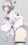  1girl absurdres black_eyes blue_archive blue_one-piece_swimsuit blush breasts cetacean_tail choker cleavage commentary_request fins fish_tail glasses grey_hair halo headphones highres hooded_shrug huge_breasts kotone_(blue_archive) long_sleeves looking_at_viewer one-piece_swimsuit round_eyewear ryuu. short_hair shrug_(clothing) solo swimsuit tail thick_thighs thigh_strap thighs two-tone_one-piece_swimsuit white_one-piece_swimsuit white_shrug 