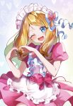  1girl albiesuki apron blonde_hair blue_eyes blush breasts commentary_request dress frilled_apron frills hair_ribbon heart heart_hands highres long_hair looking_at_viewer maid maid_apron maid_headdress one_eye_closed open_mouth pink_dress pokemon pokemon_(anime) pokemon_the_series:_xy puffy_sleeves ribbon serena_(pokemon) smile solo upper_body white_apron 