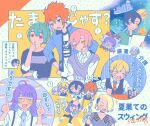  >_< 1girl 6+boys :d ? ahoge androgynous aqua_hair black_hair black_vest blue_eyes blue_jacket collared_shirt commentary_request cup green_shirt grey_shirt grey_sweater_vest highres holding holding_cup holding_paper holding_sword holding_weapon ice ice_cube index_fingers_raised jack_jeanne jacket kumayachii long_hair medium_hair multiple_boys multiple_views mutsumi_kai neji_kokuto open_clothes open_jacket open_mouth open_shirt orimaki_suzu otori_kyoji paper pink_eyes pink_hair red_hair shirota_mitsuki shirt short_hair smile spoken_question_mark striped_clothes striped_shirt suspenders sweater_vest sword tachibana_kisa takashina_sarafumi translation_request vest weapon white_shirt wooden_sword xd yellow_eyes yonaga_soshiro 