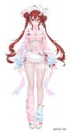  1girl akane_lize animal_ears apron asymmetrical_legwear blonde_hair blue_leg_warmers braid breasts cleavage closed_mouth commentary_request detached_sleeves double_bun fake_animal_ears fishnet_thighhighs fishnets frilled_thigh_strap full_body grey_eyes hair_between_eyes hair_bun hair_ornament highres large_breasts leg_warmers long_hair_between_eyes long_sleeves looking_at_viewer mark_under_eye mismatched_legwear mole mole_on_cheek multicolored_hair navel official_art pink_leg_warmers rabbit_ears red_hair simple_background single_fishnet_legwear single_thighhigh slippers smile solo stellive stomach streaked_hair subong thigh_strap thighhighs twintails uneven_legwear virtual_youtuber white_apron white_background white_headdress white_slippers 