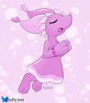 2026 darkner deltarune eyes_closed flippers floating kerilyn mizzle_(deltarune) open_mouth pink_background pink_body praying signature simple_background singing tongue undertale_(series) water_bubble watermark wet