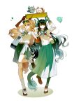  2girls ? absurdres alternate_costume arknights arm_up azkolaxxx bag black_hair bow bowtie brown_shoes chinese_commentary clipboard collared_shirt colored_extremities commentary_request dragon_bean_(arknights) dragon_girl dragon_horns dragon_tail dusk_(arknights) eastern_dragon_horns eastern_dragon_tail eyewear_on_head full_body green_hands green_horns green_skirt hair_over_one_eye highres holding holding_clipboard horns loafers long_hair long_sleeves looking_at_viewer miniskirt multicolored_hair multiple_girls nian_(arknights) open_mouth pleated_skirt pointing pointing_at_viewer pointy_ears red_eyes red_hands school_bag school_uniform serafuku shirt shoes shoulder_bag siblings simple_background sisters skirt socks spoken_question_mark standing streaked_hair sunglasses tail very_long_hair white_background white_shirt white_socks 