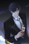  1boy black_suit chinese_commentary closed_mouth commentary_request cup dress_shirt fatdragon96 from_above highres holding holding_cup jacket lapels layered_sleeves long_sleeves looking_at_viewer love_and_deepspace male_focus mole mole_on_nose mole_under_eye notched_lapels parted_bangs purple_eyes purple_hair rafayel_(love_and_deepspace) shirt short_hair solo suit suit_jacket upper_body watermark weibo_watermark white_shirt wingtip_collar 