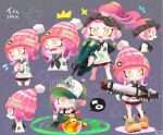  1girl beanie black_neckerchief blush commentary_request egg flying_sweatdrops grey_background gun hat holding holding_gun holding_weapon jet_squelcher_(splatoon) multiple_views neckerchief nervous octoling octoling_girl octoling_player_character orange_shoes pink_hair pink_hat pom_pom_(clothes) pom_pom_beanie ponytail salmon_run_(splatoon) shoes speech_bubble splatoon_(series) splatoon_2 splattershot_pro_(splatoon) tears tentacle_hair weapon weapon_request yellow_eyes yoshishi_(yosisitoho) 