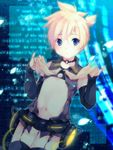  androgynous bad_id bad_pixiv_id blonde_hair blue_eyes choker cosplay detached_sleeves garters kagamine_len male_focus navel nipple_slip nipples otoko_no_ko ousaka_nozomi ponytail solo thighhighs vocaloid vocaloid_append 