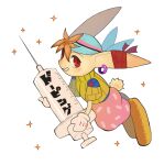  1boy akumesik animal_ears baggy_pants bandana blue_bandana brown_hair commentary ear_ribbon earrings from_side furry furry_male grandia grandia_i guido_(grandia) highres holding holding_syringe jewelry mittens oversized_object pants pink_pants rabbit_boy rabbit_ears rabbit_tail red_eyes shoes short_sleeves sideways_glance simple_background single_earring smile solo sparkle sweater syringe tail white_background white_mittens yellow_shoes yellow_sweater 