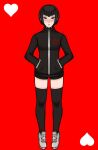  1girl alternate_hair_length_(shorter) black_hair black_jacket black_shorts black_thighhighs blush celestia_ludenberg closed_mouth commentary danganronpa:_trigger_happy_havoc danganronpa_(series) english_commentary eyelashes full_body grey_shoes hands_in_pockets heart heart_print highres jacket ladyviren lips long_sleeves official_alternate_costume official_alternate_hairstyle red_background red_eyes shoes short_hair short_shorts shorts simple_background solo split_mouth standing thighhighs twitter_username 