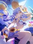  1girl absurdres bessie_(honkai:_star_rail) bikini bird blue_hair blue_sky breasts chinese_commentary commentary_request cup drummie_(honkai:_star_rail) flower flower_ornament green_eyes hand_on_headwear hat head_wings highres holding holding_cup honkai:_star_rail honkai_(series) kun_kun long_hair medium_breasts official_alternate_costume one_eye_closed robin_(honkai:_star_rail) robin_(summeretto)_(honkai:_star_rail) sarong sitting sky solo stomach straw_hat summer summer_songbirds_(honkai:star_rail) sunflower swimsuit thighs very_long_hair white_bikini white_sarong white_wings wings 