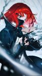  1girl absurdres arknights black_gloves black_jacket chinese_commentary commentary_request crownslayer_(arknights) fingerless_gloves floppy_ears gloves hair_ornament hairclip highres hyena_ears hyena_girl jacket juhuacha mask mouth_mask open_clothes open_jacket outdoors red_eyes red_hair shirt short_hair snow snowing solo tree upper_body white_shirt 