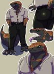 anthro bottomwear butt cel_shading clothed clothing collage_(artwork) collared_shirt dress_shirt echo_(game) echo_(series) echo_project flynn_moore gila_monster green_eyes grey_body helodermatid hi_res icedesre lizard male orange_body pants reptile scalie shaded shirt simple_background simple_shading smile solo tongue tongue_out topwear unbuttoned_shirt