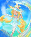  1girl :d absurdres animal_ears bikini black_bikini blonde_hair blue_archive blue_sky blush_stickers closed_eyes commentary_request dress feet_out_of_frame flat_chest fox_ears fox_girl hair_ribbon halo hand_on_own_hat hat highres long_dress ocean pointing pointing_backward ribbon scrunchie see-through_clothes see-through_dress see-through_silhouette seia_(blue_archive) seia_(sundress)_(blue_archive) sky smile solo summer sun_hat sundress swimsuit twintails waves white_dress white_hat white_ribbon wrist_scrunchie yellow_halo yubanayuna 