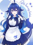  1girl absurdres ahoge andr01d_in animal_ears apron blue_bow blue_dress blue_eyes blue_hair bow breasts deepseek deepseek-tan dress english_text fang fins fish_tail frills hair_between_eyes highres large_breasts long_hair long_sleeves looking_at_viewer maid maid_apron maid_headdress open_mouth smile solo tail 