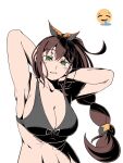  1girl abs absurdres bikini bikini_top_only black_bra bra breasts brown_hair cleavage emoji green_eyes hair_ornament hair_tie high_ponytail highres large_breasts long_hair looking_at_viewer no_shirt open_mouth ponytail re:zero_kara_hajimeru_isekai_seikatsu shaula_(re:zero) solo squishy_maine stomach swimsuit underwear 