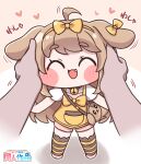  1boy 1girl animal_ears bag bell bow butter_(trickcal) chibi commentary_request dog_ears dog_girl dog_tail fang hairband hands_on_another's_head headpat highres leader_(trickcal) neck_bell pink_shorts pov rubbing_ears shirt shorts shoulder_bag simple_background striped_clothes striped_thighhighs suwa_yasai tail thighhighs trickcal yellow_bow yellow_hairband yellow_shirt yellow_thighhighs 