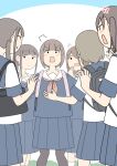  6+girls ^^^ aki_(juukyuu) anger_vein azusa_(juukyuu) backpack bag blue_background blue_sailor_collar blue_serafuku blue_shirt blue_skirt blush brown_hair brown_pantyhose chihiro_(juukyuu) closed_mouth commentary_request juukyuu long_sleeves multiple_girls mutsumi_(juukyuu) neckerchief one_side_up open_mouth original pantyhose pink_neckerchief pleated_skirt riko_(juukyuu) sailor_collar school_bag school_uniform serafuku shirt short_sleeves skirt socks solid_circle_eyes two-tone_background v-shaped_eyebrows wavy_mouth white_background white_sailor_collar white_shirt white_socks yuu_(juukyuu) 