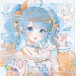  1girl aegyo_sal ahoge artist_name bare_shoulders bcy_username beads bear blue_choker blue_eyes blue_hair blue_nails blue_sky border bow candy cardiogram check_copyright cheek_tattoo choker cloud collarbone collared_jacket contrast_collar copyright_request drawing_(object) eyelashes eyeshadow flower flower_tattoo food food-themed_hair_ornament frilled_jacket frills goggles goggles_on_head green_bow green_ribbon gummy_bear hair_beads hair_bow hair_flower hair_ornament hair_scrunchie hairband hairclip happy heart ice ice_cube jacket light_blush long_hair long_sleeves loose_hair_strand makeup multicolored_nails nail_art neck_ribbon open_clothes open_jacket open_mouth orange_jacket orange_nails original outside_border paper_airplane parallel_hairclips petals pink_eyeshadow price_tag puffy_long_sleeves puffy_sleeves ribbon sample_watermark scrunchie sky sleeve_bow smile solo spaghetti_strap sparkle strawberry_hair_ornament string_around_finger sun_symbol tank_top tareme tattoo teeth third-party_source tinted_eyewear too_many_watermarks twintails upper_body upper_teeth_only water_drop watermark watermark_grid white_border white_flower white_scrunchie white_tank_top winged_animal yanyan_jiang yellow-framed_eyewear yellow-tinted_eyewear yellow_bow yellow_hairband 
