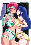  80s absurdres blue_hair braid breast_press breasts cameltoe cleavage couple crop_top dark_skin dirty_pair energy_gun french_braid gloves gun handgun headband highres kei_(dirty_pair) keso kiss large_breasts long_hair midriff multiple_girls oldschool ray_gun red_hair saliva short_hair symmetrical_docking tongue weapon yuri yuri_(dirty_pair) 