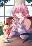  1girl absurdres bare_shoulders blue_eyes booth_seating breasts cafe closed_mouth commentary eating elbow_rest english_commentary food gradient_clothes gradient_jacket hair_between_eyes hair_intakes hands_up highres holding holding_spoon honkai:_star_rail honkai_(series) indoors jacket kwkunai long_sleeves looking_at_viewer march_7th_(feast)_(honkai:_star_rail) march_7th_(honkai:_star_rail) medium_breasts medium_hair multicolored_eyes off_shoulder official_alternate_costume parfait pink_eyes pink_hair pov_across_table sitting smile solo spoon sweater turtleneck turtleneck_sweater two-tone_eyes upper_body window 