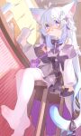  1girl :o absurdres ahoge animal_ear_fluff animal_ears bag bare_shoulders black_bow black_bowtie black_skirt blue_eyes blue_streaks bow bowtie cat_ears cat_girl cat_tail chinese_commentary collared_shirt commentary_request cup double-parted_bangs feet full_body glasses hair_between_eyes hair_intakes heart heart_ahoge heterochromia highres holding holding_cup jacket long_hair long_sleeves multicolored_hair ningmeng_jing_jing_jing_jing no_shoes off_shoulder open_clothes open_jacket open_mouth original pantyhose pleated_skirt purple_eyes round_eyewear shirt sitting skirt sleeveless sleeveless_shirt sleeves_past_wrists soles solo streaked_hair tail toes white_hair white_jacket white_pantyhose white_shirt yellow-framed_eyewear 