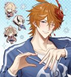  1boy 3girls arlecchino_(genshin_impact) black_hair blonde_hair blue_eyes blue_jacket blue_skirt blush brown_hair chibi closed_eyes closed_mouth commentary_request cup earrings genshin_impact highres holding holding_cup jacket jewelry long_hair long_sleeves lumine_(genshin_impact) male_focus mask mask_on_head multicolored_hair multiple_girls neckerchief one_eye_closed orange_hair pants pink_jacket pink_pants rea_m311ow red_mask red_neckerchief sandrone_(genshin_impact) school_uniform serafuku shirt short_hair single_earring skirt smile streaked_hair tartaglia_(genshin_impact) teeth track_jacket white_hair white_headdress white_serafuku white_shirt 