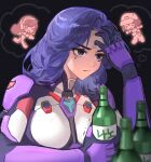  2girls absurdres armor black_background blue_eyes blue_hair bodysuit bottle chibi classic_d.va closed_mouth commentary_request d.mon_(overwatch) d.va_(overwatch) gloves highres imagining korean_commentary multiple_girls overwatch shooting_star_d.va sweat thinking tnd4015 trembling upper_body 