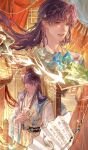  1boy 1girl absurdres aegyo_sal alternate_hair_length_(longer) chinese_clothes chinese_commentary commentary_request hair_ornament hanfu highres holding holding_mask hualushui light_smile long_hair love_and_deepspace male_focus mask multiple_views official_alternate_costume parted_bangs projected_inset protagonist_(love_and_deepspace) purple_eyes purple_hair rafayel_(love_and_deepspace) unworn_mask very_long_hair watermark weibo_watermark white_hanfu 