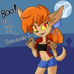 2023 accessory anthro black_clothing black_crop_top black_shirt black_topwear blue_bottomwear blue_clothing blue_shorts bottomwear bow_ribbon breasts brown_body brown_fur canid canine clothed clothing crop_top dialogue english_text female flannel flannel_shirt full_moon fully_clothed fur ghoul_school hair hair_accessory hair_bow hair_ribbon hanna-barbera hi_res long_hair looking_at_viewer mammal midriff moon mythological_canine mythological_creature mythology navel night no_pupils open_mouth open_smile orange_hair outside red_clothing red_eyes red_shirt red_topwear ribbons scooby-doo_(series) sharp_teeth shirt shorts sky smile smiling_at_viewer solo standing tail talking_to_viewer teeth text tjpones tombstone topwear werecanid werecanine werecreature werewolf winnie_werewolf_(ghoul_school) yellow_sclera