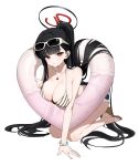  1girl absurdres alternate_costume bead_bracelet beads bikini black_hair black_halo blue_archive bracelet breasts bright_pupils brown_bikini brown_shoes cleavage commentary eyewear_on_head full_body hair_between_eyes halo hand_on_ground heart heart_necklace high_ponytail highres jewelry kneeling large_breasts lifebuoy long_hair looking_at_viewer mechanical_halo multicolored_bikini multicolored_halo necklace parted_lips ponytail red_eyes red_halo ringed_eyes rio_(blue_archive) sandals shoes simple_background solo striped_bikini striped_clothes sunglasses swim_ring swimsuit two-tone_bikini two-tone_halo untranslatable_commentary very_long_hair white-framed_eyewear white_background white_bikini white_pupils wony_(wonywmm) 