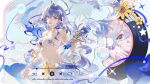  1girl absurdres bikini blue_hair breasts chinese_commentary commentary_request flower flower_ornament green_eyes hair_ornament halo head_wings highres holding holding_microphone honkai:_star_rail honkai_(series) long_hair looking_at_viewer medium_breasts microphone navel pause_button robin_(honkai:_star_rail) robin_(summeretto)_(honkai:_star_rail) sanyue_qiushi sarong smile solo starfish_hair_ornament stomach sunflower swimsuit very_long_hair white_bikini white_sarong white_wings wings 
